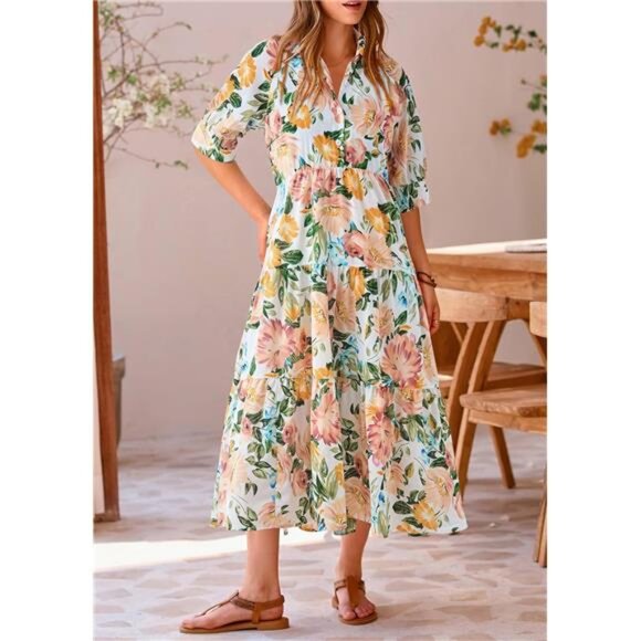 PRETTYGARDEN Women's Summer Beach Maxi Dress Short Sleeve Buttons Tiered Ruffle - Picture 4 of 16